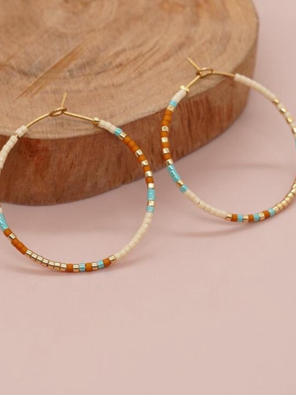 Gold Tone  Hoop Earrings with Turquoise and Cream Beads